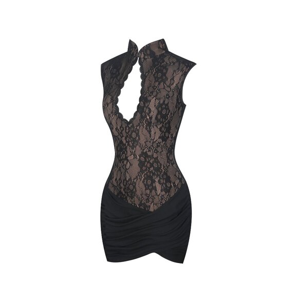 Valerie Black Lace Teardrop Neckline Ruched Mini Dress - Picture 11 of 14